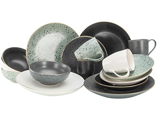 CreaTable, 22699, Serie Industrial Gold BLACK, 16-teiliges Geschirrset, Kombiservice aus Steinzeug, spülmaschinen- und mikrowellengeeignet, Qualitätsproduktion im Sale