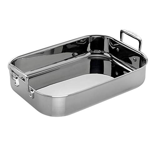 Le Creuset 3-ply stainless steel roasting pan, 35 cm, rectangular, suitable for all hob types including induction, with vertical handles, silver, 96102270000000 on sale