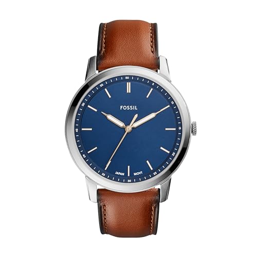 Fossil Minimalist uhr für Herren, Quarzwerk mit Edelstahl- oder Lederarmband, Blau und Braun, 44 im Sale
