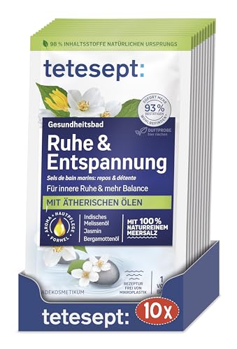 tetesept Meersalz Ruhe & Entspannung – Gesundheitsbad für ein Gefühl innerer Ruhe mit ätherischen Ölen – Wohltuender Badezusatz mit natürlichem Meeressalz – 10 x 80 g im Sale