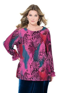 Thumbnail for MIAMODA women's plus size blouse, mesh with all-over print, wide long sleeves, dark petrol 48 836328751-48 on sale