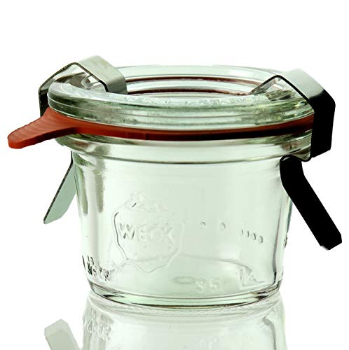 12 Weck Mini Sturzgläser 35ml / RR40 mit Glasdeckel, Ringen und Klammern im Original Karton (Mit Glasdeckel, Ringen und Klammern) im Sale