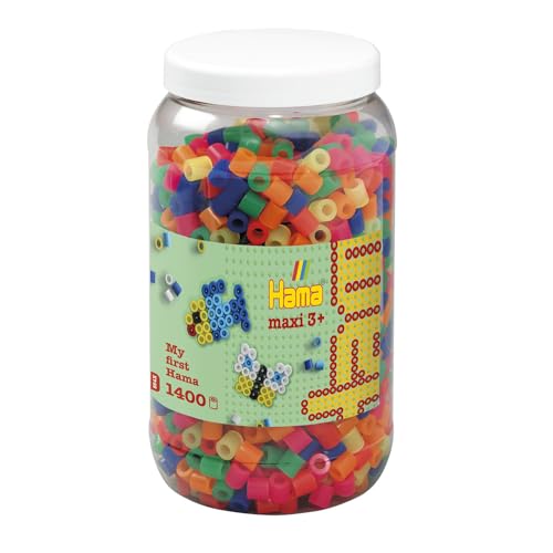 Hama Perlen 8542 Bügelperlen Dose mit ca. 1.400 bunten Maxi Bastelperlen mit Durchmesser 10 mm im Neon Mix, kreativer Bastelspaß für Groß und Klein im Sale