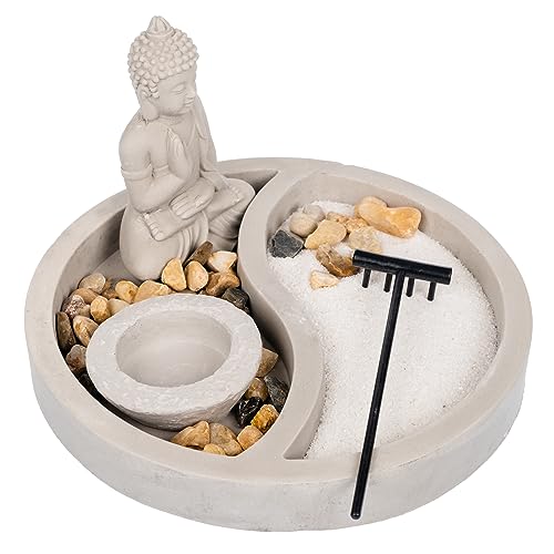 Invero Buddha Ornament Statue Deko Set Brenner - Grauer runder Teller mit Teelichthalter, Steinen, Sand und Rechen (19 x 19 x 12 cm) im Sale