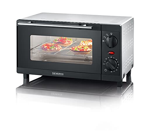 SEVERIN Mini Baking and Toaster Oven, compact oven including grill rack and baking tray, with top and bottom heat, 800W, 9 L, silver/black, TO 2052 on sale
