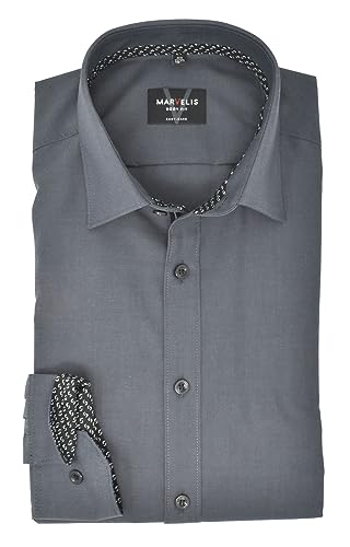 Marvelis Men's Business Shirt Body Fit Kent Collar Long Sleeve Plain Anthracite, Collar Size: 38 on Sale
