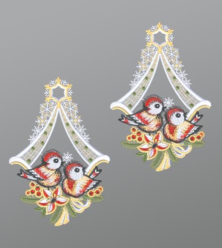 Fensterbilder aus Plauener Spitze - 1 Paar Vögelchen (Bx H) 12cm * 17cm Mehrfarbig Fensterdekoration Fensterschmuck im Sale