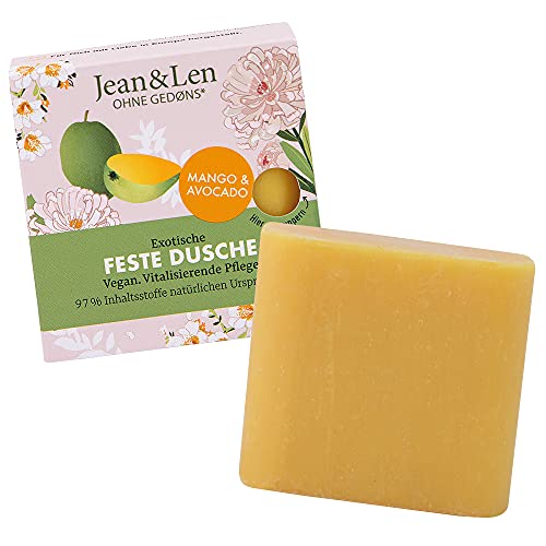 Jean & Len Exotische Feste Dusche Mango und Avocado, reinigt und sorgt für ein gepflegtes Hautgefühl, exotischer Duft, für alle Hauttypen, Festes Duschgel, ohne Parabene & Silikone, vegan, 60 g im Sale