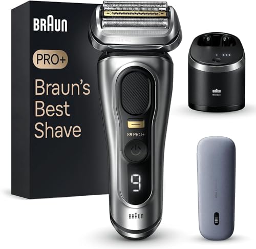 Braun Series 9 Pro+ Men's Electric Shaver with 5 Pro Shaving Elements, Long Hair Trimmer &amp; Cleaning Station, Shaver Charging Case PowerCase, 60 Min Runtime, Made in Germany, 9577cc, Silver on Sale