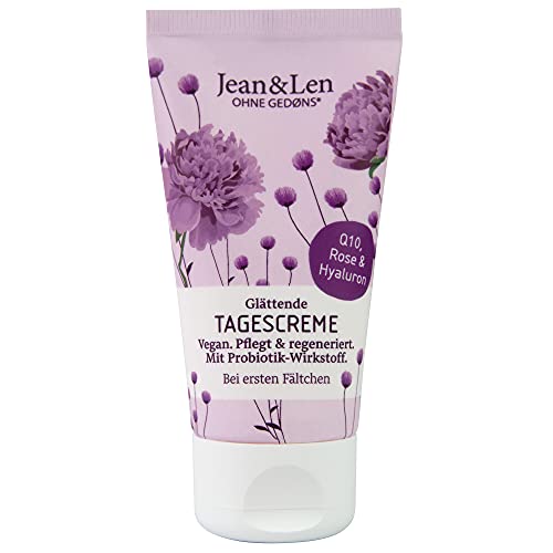 Jean & Len Glättende Tagescreme, bei ersten Fältchen, Gesichtscreme mit Q10, Hyaluron und Rosenwasser, mindert bei regelmäßiger Anwendung Fältchen, ohne Silikone, Parabene & Alkohol, vegan, 50 ml