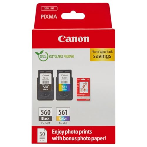 Canon Ink &amp; Paper Multipack - PG-560/CL-561 Original Printer Ink Cartridges 2-pack (1 x Black, 1 x Color cartridge) &amp; 4x6 Photo Paper (50 x Sheets) on Sale