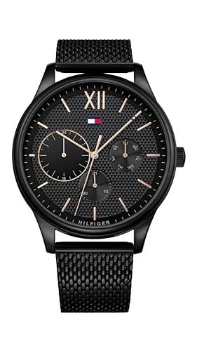 Tommy Hilfiger Herren-Multifunktions-Quarzuhr mit mm - Schwarzes Zifferblatt mit Clou de Paris Muster, Schwarzes Edelstahl-Mesharmband mit Ionenplattierung (IP), Wasserbeständig bis 5ATM - 1791420 im Sale