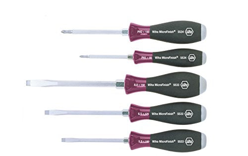 Wiha Schraubendreher Set MicroFinish (29138), 5 tlg., Schraubenzieher Satz, Schraubwerkzeug mit Stahlkappe, für feuchte und ölige Arbeitsumgebungen, für Handwerk und für Industrie 5533HK5 Schlitz/PH mit Schlagkappe im Sale