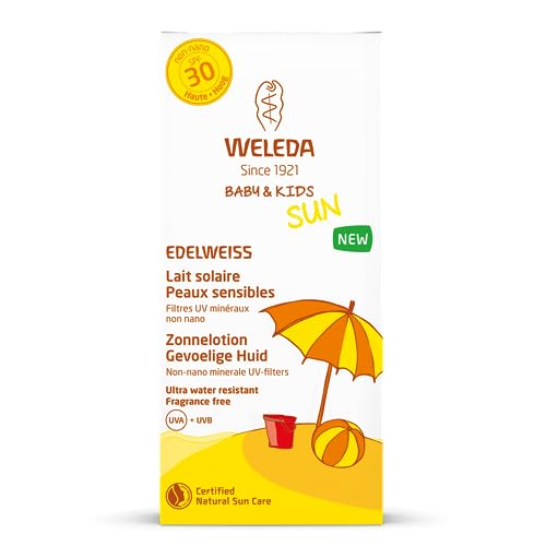 WELEDA Baby und Kids Edelweiss Sensitiv Sonnenmilch LSF 30, sofortiger Naturkosmetik Sonnenschutz mit UV-Filtern für Babys, Kinder und sensible Haut, parfümfrei und wasserfest (1 x 150 ml) im Sale