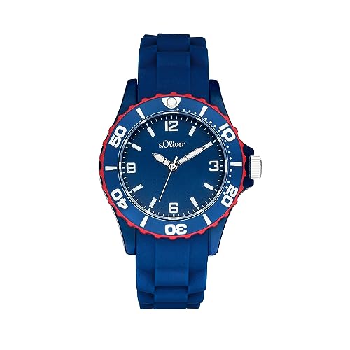 s.Oliver boys' children's quartz watch, analog, with silicone strap, blue, 3 bar water resistant, comes in a watch gift box, 2036495 on sale