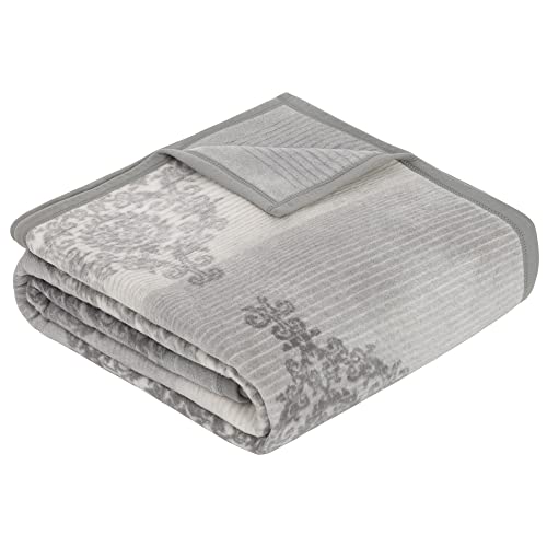 Ibena Mogila Decke 150x200 cm, Baumwollmix weich, warm & waschbar, Kuscheldecke Ornamente grau weiß im Sale