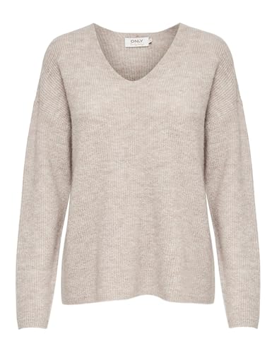 ONLY Damen Warmer Strickpullover | Knitted Basic Stretch Sweater | Langarm V-Ausschnitt Shirt ONLCAMILLA, Farben:Beige, im Sale