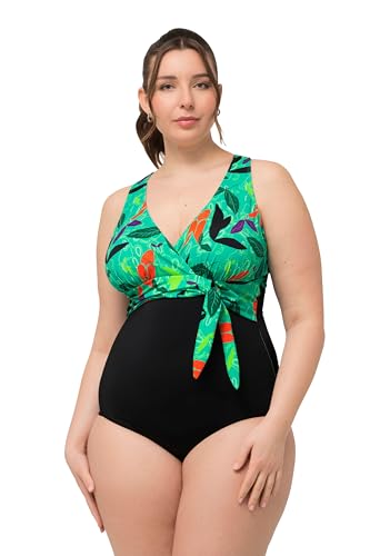 Ulla Popken Damen Violetta, Bauchgürtel, Blätter im Wasser Badeanzug, Schwarz, 54 im Sale