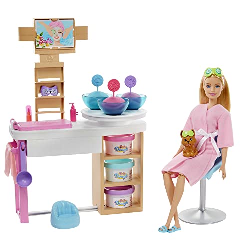 Barbie-Gesichtsmaske Spa Day, Puppe mit blonden Haaren, Welpe, 3 Knetsets zur Herstellung von Gesichtsmasken, Massagetisch, Accessoires, Geschenke für Kinder ab 4 Jahren,GJR84 im Sale
