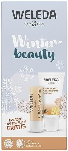 WELEDA Organic Christmas Gift Set - Natural Cosmetics Winter XMAS Gift Set consisting of Coldream Face Cream and Everon Lipstick. High-quality facial care/lip care set for Christmas on sale.