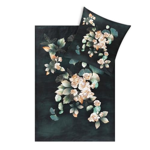 ESTELLA Mako-Satin Bettwäsche 135x200 Ginkgo Tanne Gold grün Blüten 4820-580 im Sale