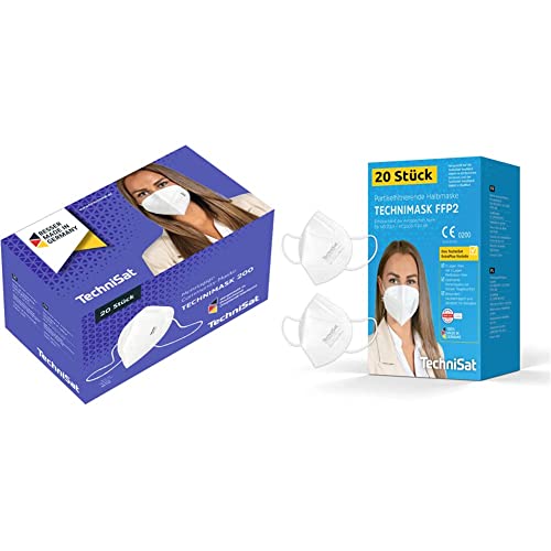 TechniSat TECHNIMASK 200 Community-Maske, 20 Stück & TECHNIMASK FFP2 Maske – 20 Stück CE-zertifizierte Atemschutzmaske (dermatologisch getestet, 5-lagig mit 3x Meltblown-Vlies) Farbe: Weiß im Sale