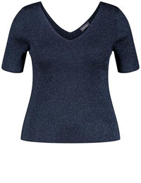 Thumbnail for Samoon Damen Kurzarmpullover mit Glitzer-Effekt halber Arm unifarben Dark Lake Blue Gemustert 56 im Sale