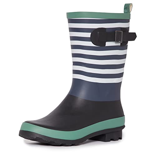 Laura Ashley Ladies High Cut Mid Calf Buckle Rubber Rain Boots, Green, 10 im Sale