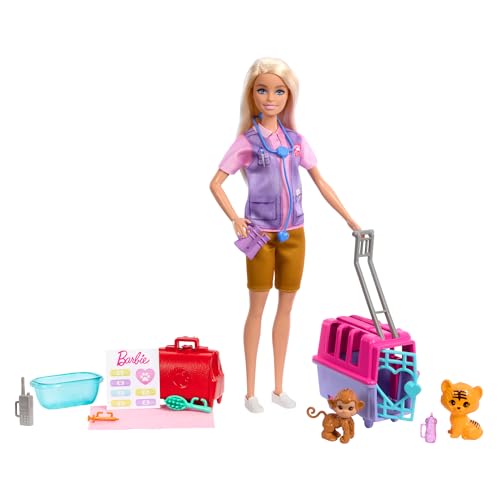 BARBIE Tierrettungsspielset - Barbie-Puppe mit Tiger und Äffchen, Transportbox mit funktionierender Tür und Griff, Zubehör für Geschichtenerzählen, abenteuerlicher Rollenspielspaß, HRG50 im Sale