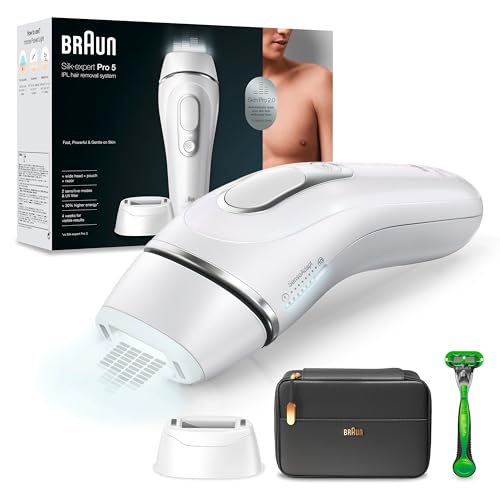 Braun IPL Silk Expert Pro 5 Hair Removal Device for Men, 2 Attachments, Visible Hair Removal, Designed in Germany, Gillette Body Razor, Alternative to Laser Hair Removal, PL5145, White/Silver on Sale