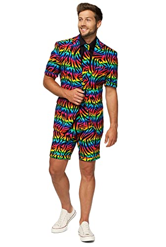 OppoSuits Herren Men Suit Business-Anzug Hosen-Set Inklusive Shorts, Kurzarmjacke & Krawatte, Wild Rainbow, 52 EU im Sale