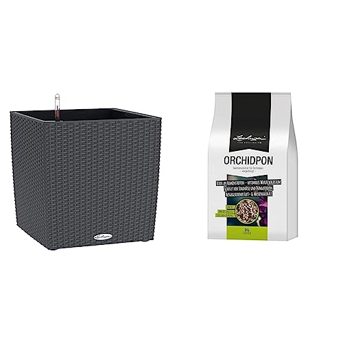 LECHUZA CUBE Cottage 40 planter with sub-irrigation system, granite, 40 x 40 x 40 cm &amp; ORCHIDPON 3L plant substrate