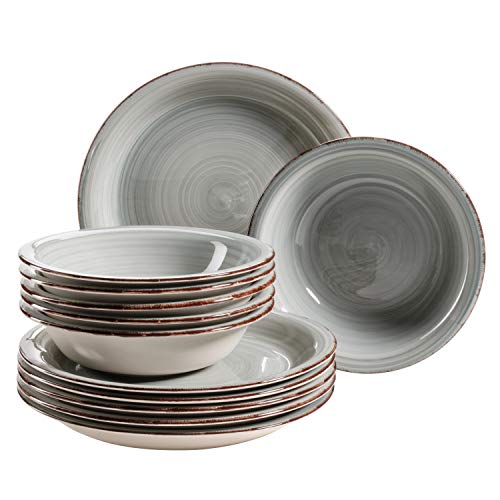 MÄSER Teller-Set für 6 Personen im modernen Vintage Look, 12-teiliges Tafelservice, handbemalt, Blau, Steingut, Rauchblau (Bel Tempo II) im Sale