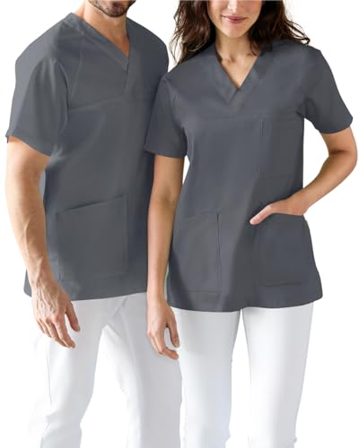 CLINIC DRESS Schlupfkasack der Kasack-Kasack V-Ausschnitt für Damen und Herren für Krankenpflege und Altenpflege 50% Baumwolle 95 Grad Wäsche 73 cm lang steingrau im Sale