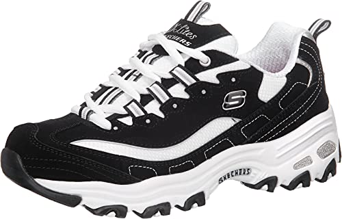 Skechers Women's D'lites Biggest Fan Sneaker, Black Trubuck White Mesh Silver Trim, 39 EU on sale