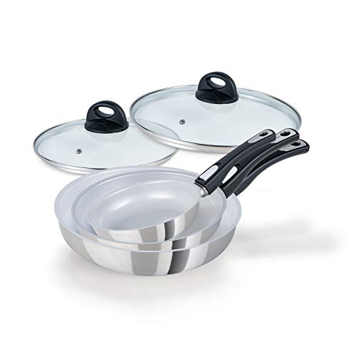 Genius Cerafit Steel Pfanne Bratpfannen-Set 5-tlg - Keramikpfannen 20 24 28 cm mit kratzfester Antihaft-Beschichtung + Glasdeckel - Induktionspfannen mit abnehmbarem Griff alle Herdarten im Sale
