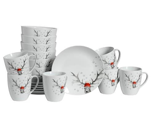CreaTable, 21498, Serie Luna Hirsch, 18-teiliges Geschirrset für 6 Personen, Frühstücksset aus Porzellan, spülmaschinen- und mikrowellengeeignet, Qualitätsproduktion im Sale