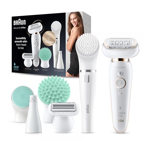 Braun Silk-épil 9 Flex Beauty Set, Epilator for Women / Hair Remover, FaceSpa Facial Epilator, 8 Attachments, Bag, with Flexible Head for Easier Hair Removal, Gift for Women, 9300, White/Gold on Sale