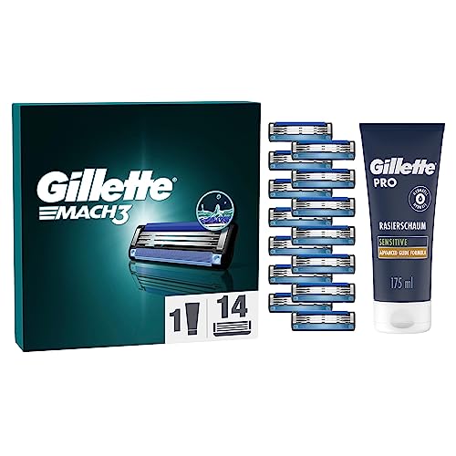 Gillette Mach3 Rasierklingen für Rasierer, 14 Ersatzklingen für Nassrasierer Herren mit 3-fach Klinge + Gillette PRO Sensitive Rasierschaum 175 ml, Geschenk für Männer im Sale