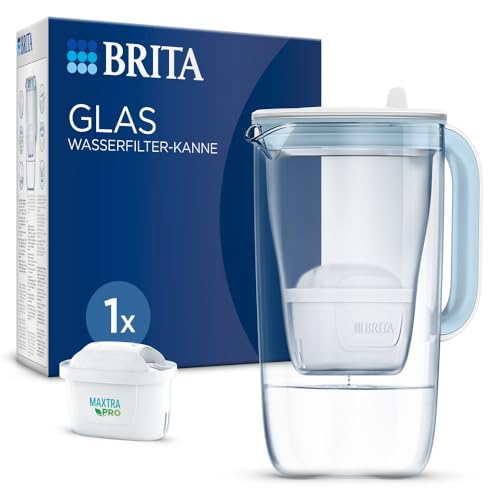 BRITA glass water filter jug ​​light blue (2.5l) including 1x MAXTRA PRO all-in-1 cartridge – premium design water filter glass, robust &amp; lightweight/reduces limescale, chlorine, metals such as lead &amp; copper on sale