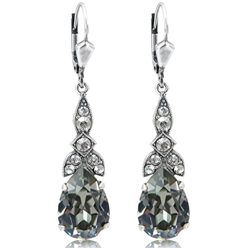 Jugendstil Ohrringe Silber Grau Black Diamond Kristalle Tropfen hängend NOBEL SCHMUCK im Sale