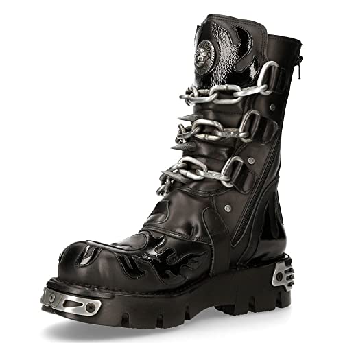 New Rock Herren Stiefel Schwarz Schadelkopf Flamme Muster Leder Boots im Sale