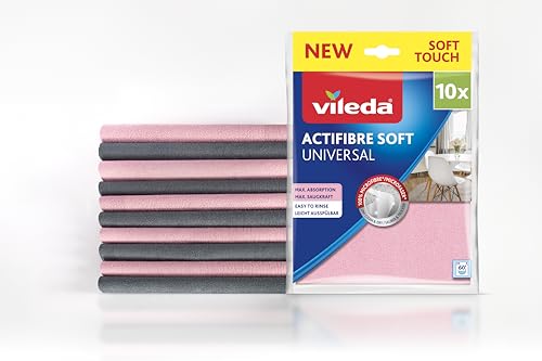 Vileda Actifibre Soft Universal Microfiber Cloth, 100% microfiber cleaning cloth for streak-free results, high absorbency, ideal for all smooth surfaces, pink and gray, 10 pieces on sale