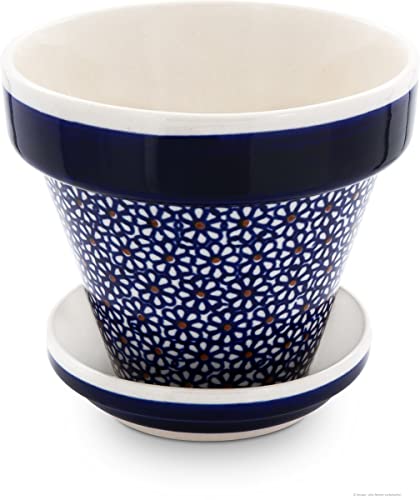 Bunzlauer Keramik Original Blumentopf mit U-Schale, Größe 3, H=11,8/2,8cm, D=14/11,8cm, Dekor 120
