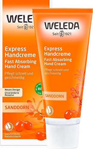 WELEDA Bio Express Handcreme Sanddorn - Naturkosmetik Handpflege Creme für trockene Hände. Nachhaltige Feuchtigkeitscreme für Frauen & Männer mit Grapefruit, Mandarine & Sandelholz Duft (1x 50ml) im Sale