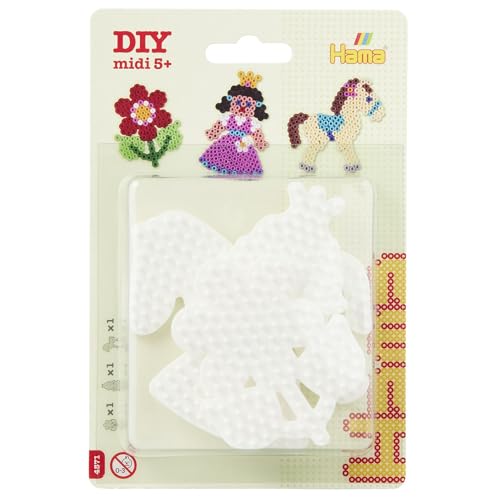 Hama Beads 4571 Small Pegboards Set of 3 for Midi Iron-on Beads with a diameter of 5 mm, Pony, Flower and Princess motifs in white, creative crafting fun for all ages on sale