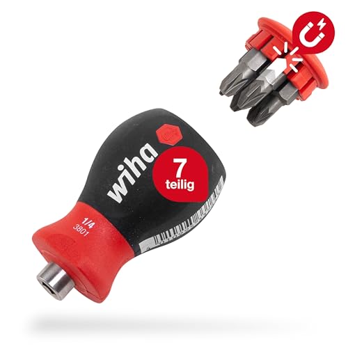 Wiha Schraubendreher Stubby mit Bit Magazin magnetisch (33741) I Schlitz, Kreuzschlitz I mit 6 Bits, 1/4