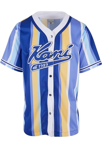 Karl Kani Herren KM241-042-1 Varsity Striped Baseball Shirt Navy/Lilac/Yellow im Sale