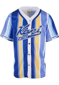 Thumbnail for Karl Kani Herren KM241-042-1 Varsity Striped Baseball Shirt Navy/Lilac/Yellow im Sale