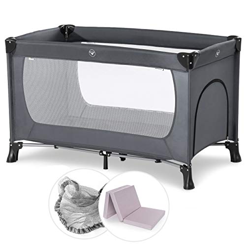 Hauck Baby Reisebett Set mit Matratze und Moskitonetz Dream n Play Plus - faltbares Kinder Babyreisebett mit Tasche und seitlichem Eingang - Grau im Sale